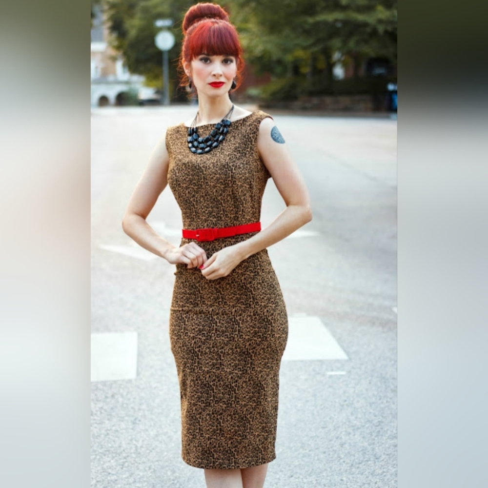Bettie Page Animal Print Fitted Dress with Back Split and Open Back